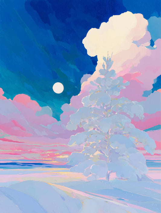 Snowy Tree and Full Moon